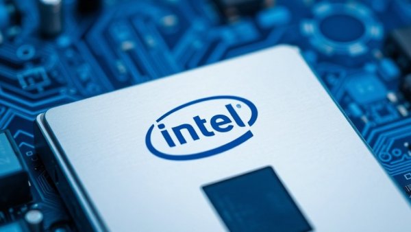 Intel logo on digital screen with circuit board background symbolizing AI chip demand.