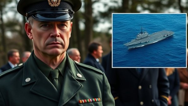 Iran military readiness illustrated by officer, politician, and aircraft carrier.