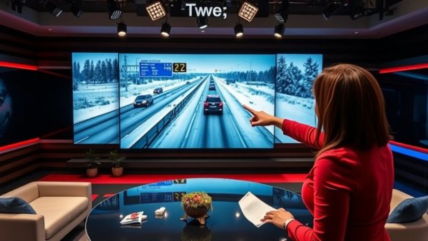 News reporter discusses Kansas City road incidents with highway visuals.