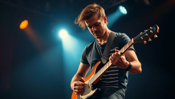 Energetic Kansas City events musician playing guitar passionately on stage.