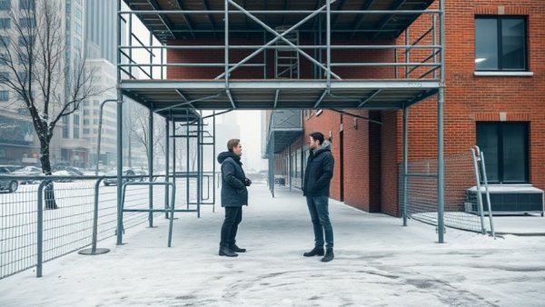 Urban scene of people under scaffolding in snow, Kansas City community news.