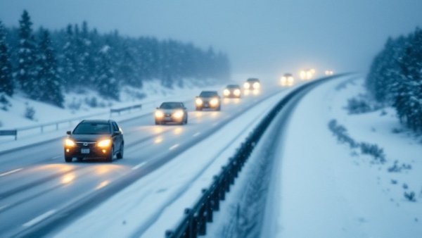 Snowy Kansas City highway with plows and blurred car headlights.