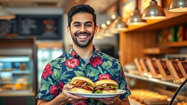 Friendly man with a sandwich in Kansas City restaurant, vibrant setting.