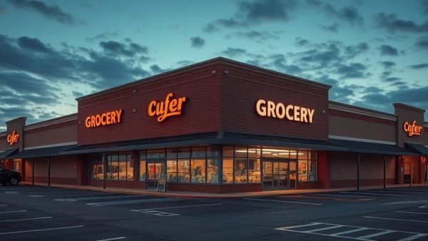 Hen House in Fairway grocery store at dusk with neon signs