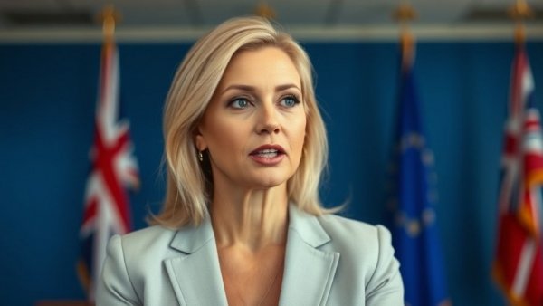 Blonde woman speaking in front of flags in Kansas City setting.