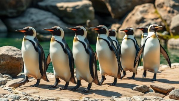 Penguins marching on a rocky path at Kansas City Zoo, sunny day.