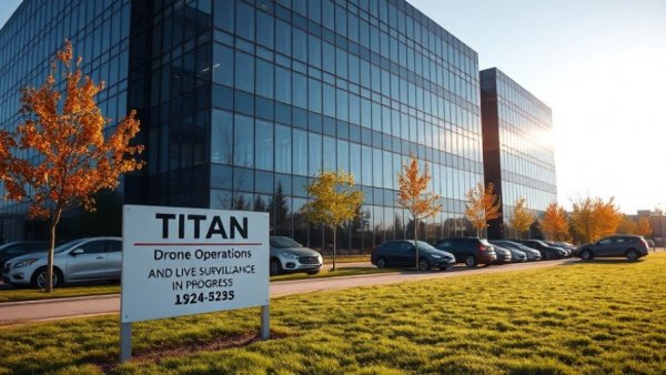 Camera-equipped drones in Kansas City sign near office building.