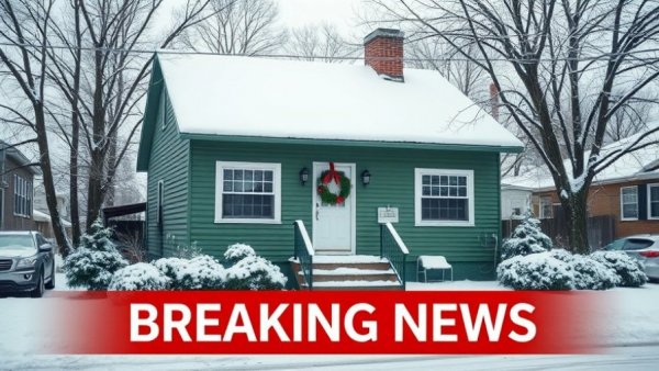 Kansas City house with snow-covered roof and news broadcast.