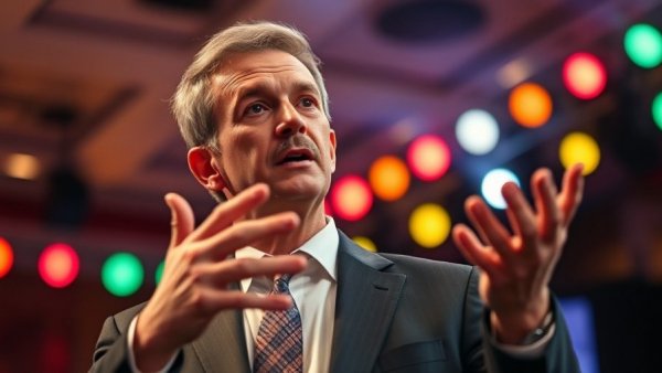 Engaged speaker discussing responsible gun ownership on a vibrant stage.