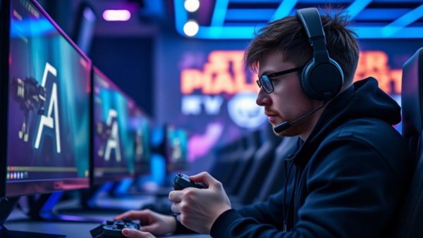 Gamer playing on multiple monitors with dynamic blue and purple lighting.