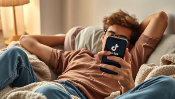 Relaxed person using TikTok app amid mental health discussions.