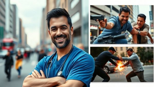 Collage with medical professional and outdoor action scenes.