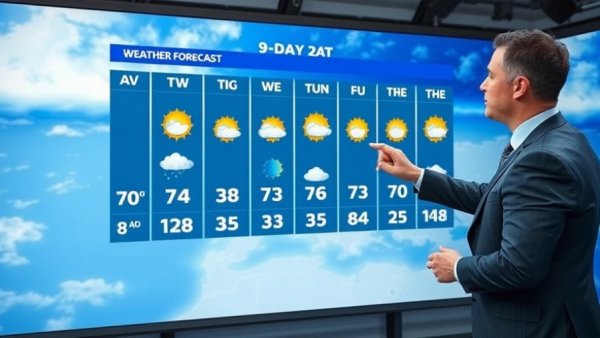 Presenter showing 9-day forecast for Kansas City neighborhoods on screen.