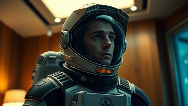 Astronaut in a modern room, looking thoughtful.