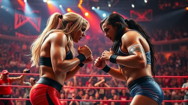 Intense wrestling face-off with energetic crowd.