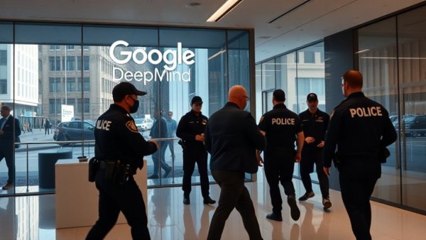 Modern Google DeepMind office reflecting urban scene, employee safety.