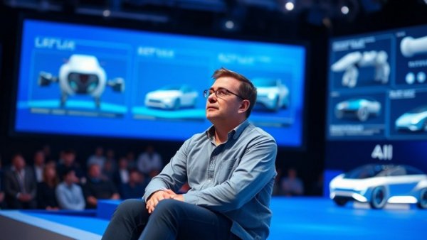 Businessman at conference thinking about Tesla AI investment.