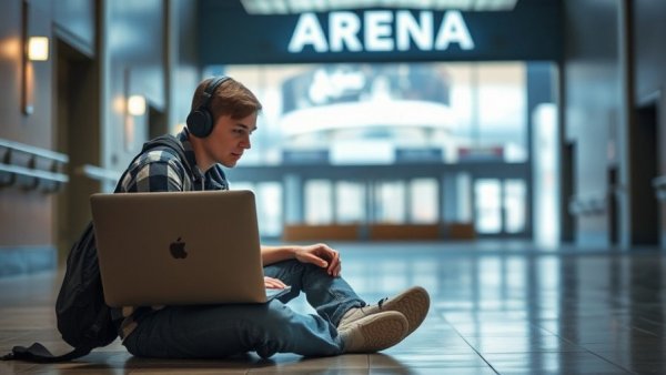 Student using laptop while seated, Kansas City neighborhood events.