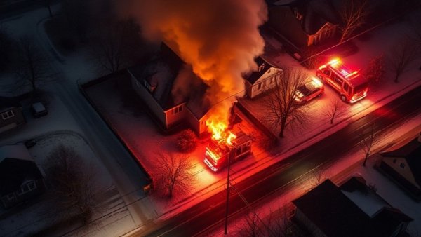 Aerial view of a Kansas City neighborhood night scene with house fire.