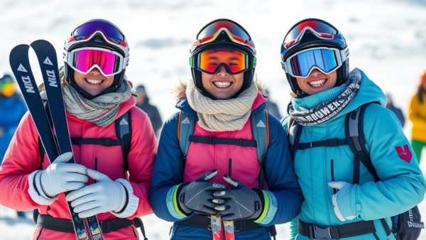 Cheerful Nordic combined athletes at a snowy sports event, highlighting gender representation.