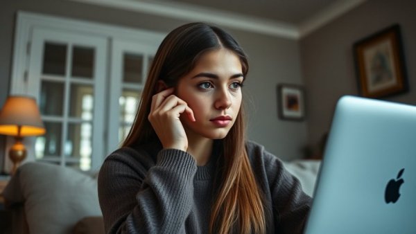 Impact of social media on youth mental health depicted through a worried young woman with laptop.