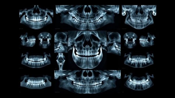 Monochrome dental x-rays collage, medical examination focus