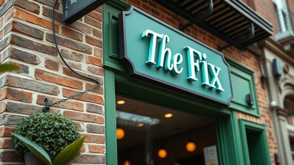 Kansas City neighborhood storefront with 'The Fix' sign.