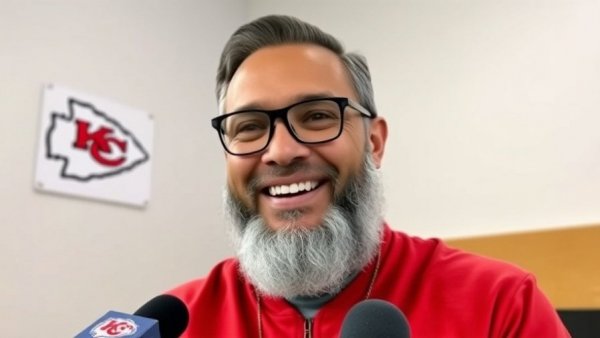 Kansas City Chiefs press conference with smiling man.