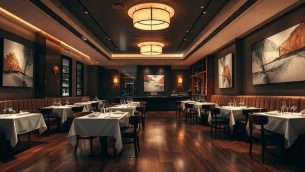 Elegant restaurant interior with abstract art and dim lighting.