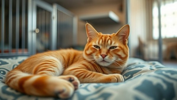 Orange tabby cat on blanket in cozy Kansas City neighborhood shelter