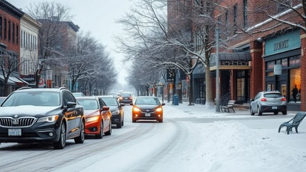 Snowy Kansas City neighborhood scene with careful traffic.
