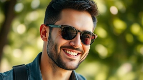Man in sunglasses smiling outdoors, vibrant green background.