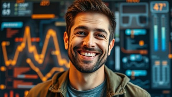 Man winking and smiling against tech-themed background.