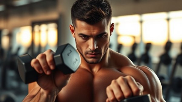 Muscular man lifting dumbbells demonstrating Reps in Reserve training benefits.