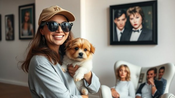 Smiling woman with dog next to art-covered chair at Kansas City event.