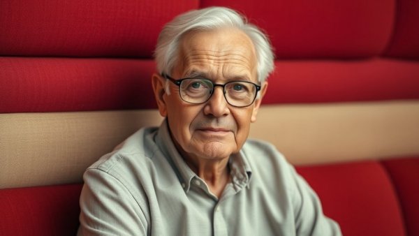 Casual older man in a uniform with red and beige background.