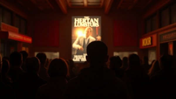 Silhouettes view Melania documentary poster in theater lobby.