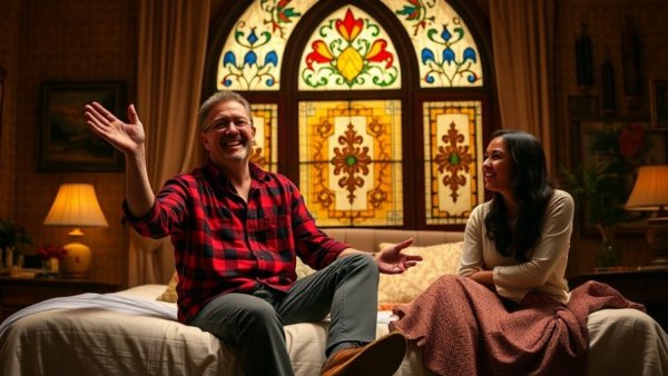 Cinematic photo of man in red plaid with woman, lively stage setting.