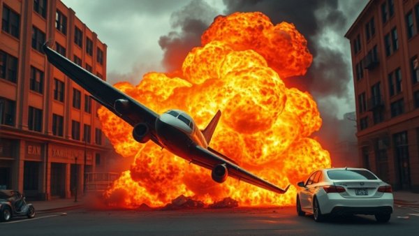 Fiery plane crash explosion scene with intense flames and smoke, Greg Biffle plane crash.