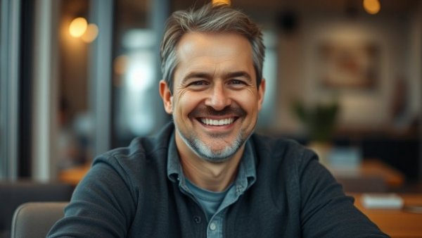 Portrait of a smiling man in an indoor setting.
