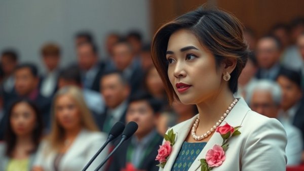 Confident woman addressing audience in a formal setting.