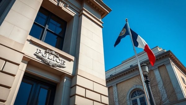 KCPD headquarters reflecting budget crisis news, state flag visible.