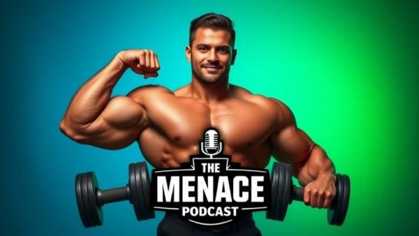Bodybuilder flexing for 'The Menace Podcast' with blue-green backdrop.