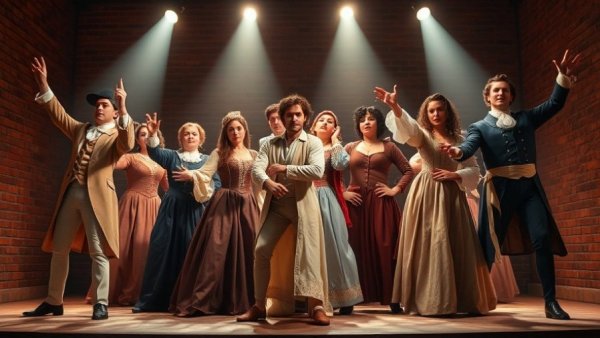 Actors in period costumes performing on stage at Kansas City events.