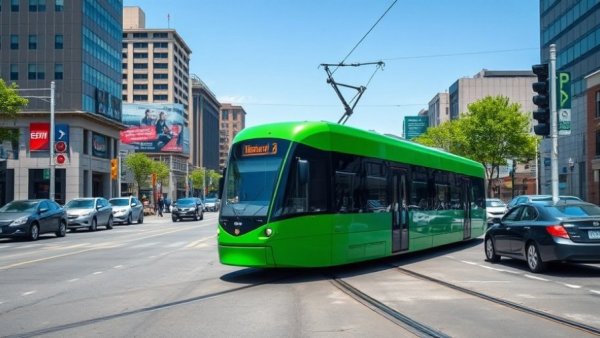 Streetcar in Kansas City neighborhood, approaching in urban landscape.