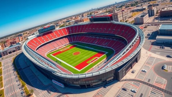 Proposed Chiefs' stadium Kansas City aerial view with red seating.