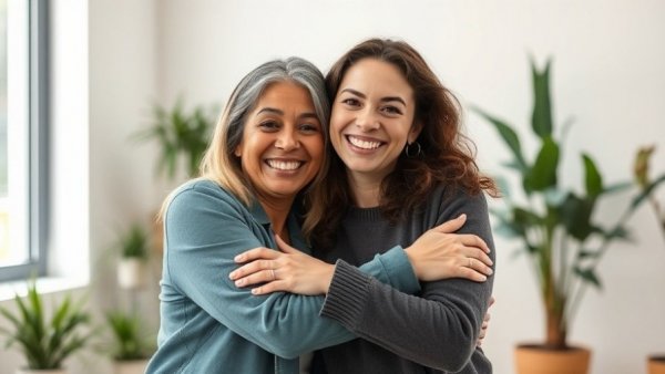 Two women smiling together in a bright studio.