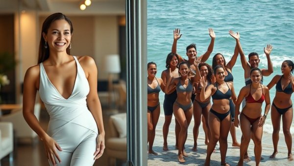 Chari Hawkins showcasing endurance, stylish in white suit and beach activity.