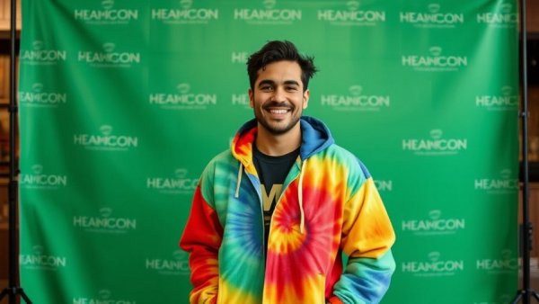 Colorful tie-dye coat with smiling man in vibrant setting.