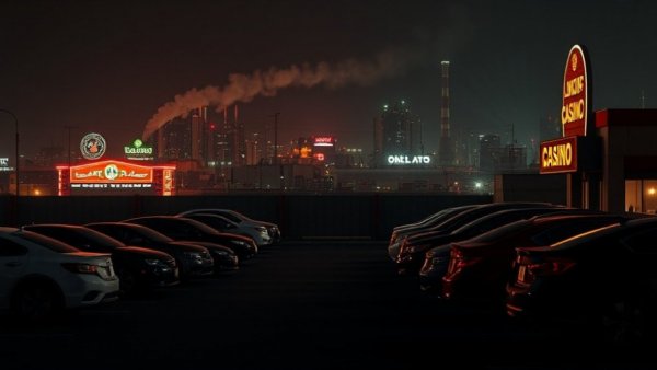 Kansas City neighborhoods: Cars parked outside dimly lit casino at night.